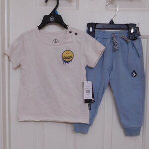 NWT 2pc Volcom Cream Smiley Skateboard Shirt & Blue Joggers Set sz 24 Months
